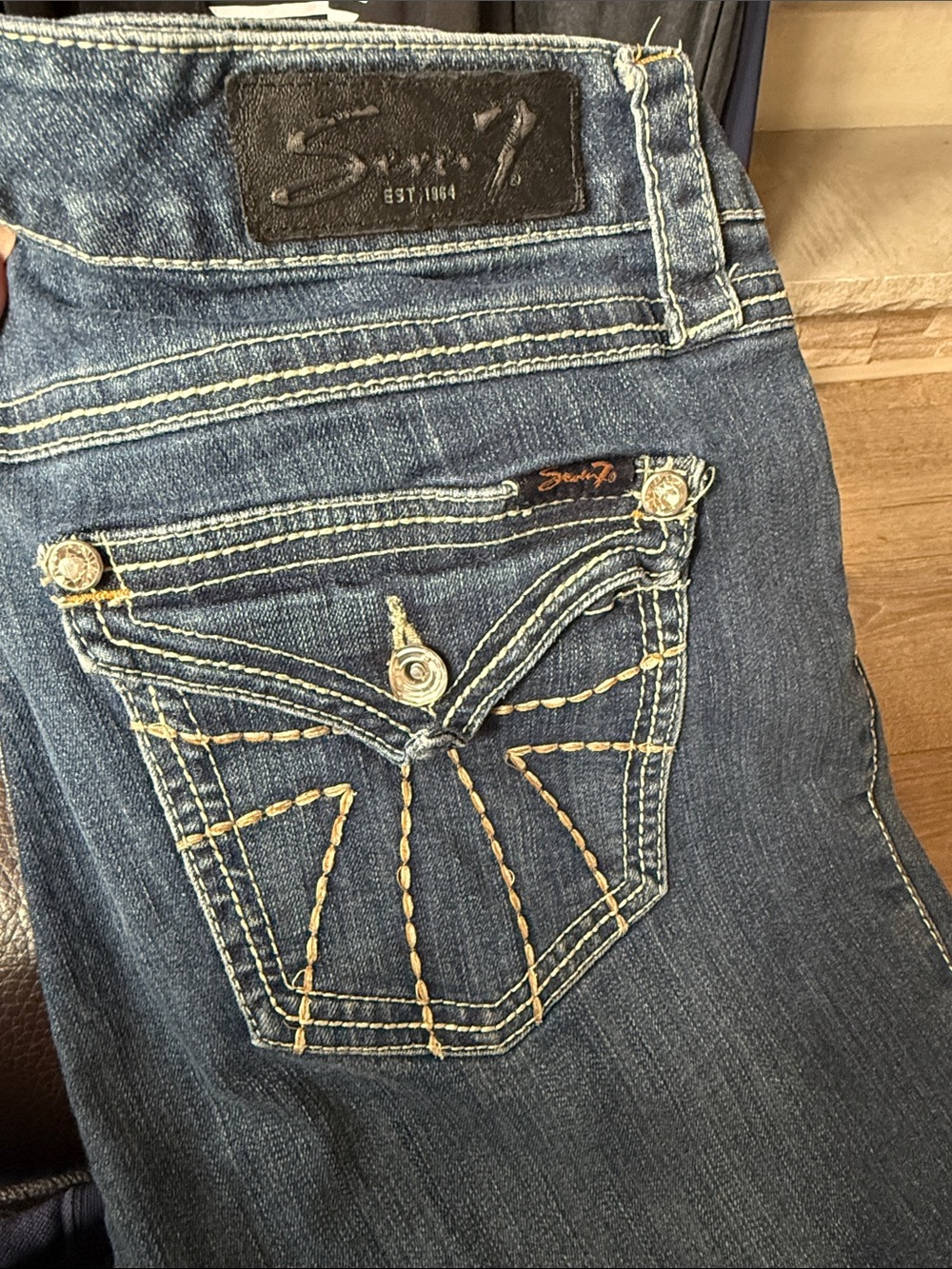7 For All Mankind Women's Indigo Bootcut Jeans with Yellow Stitching